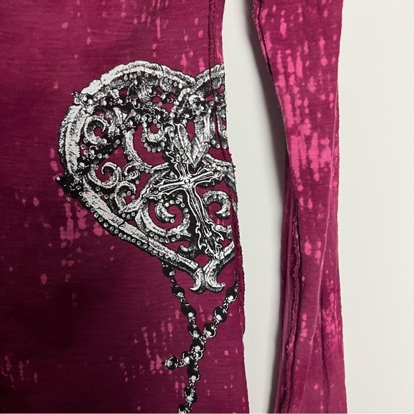 Affliction 90s Burgundy Long Sleeve Hoodie Spell Out Top Embellished Angel Wings - Picture 5 of 15